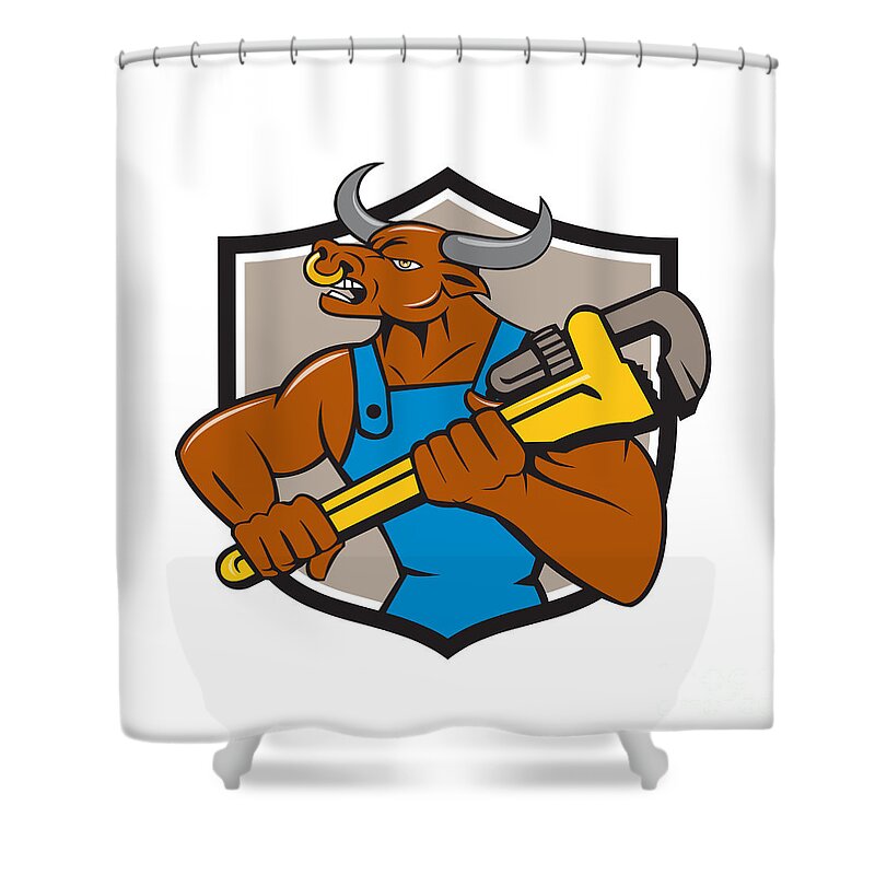 Minotaur Shower Curtain featuring the digital art Minotaur Bull Plumber Wrench Crest Cartoon by Aloysius Patrimonio