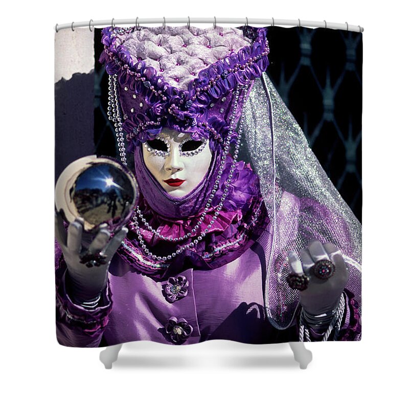 Carnevale Shower Curtain featuring the photograph Mirror globe and Violet Mask by Riccardo Mottola