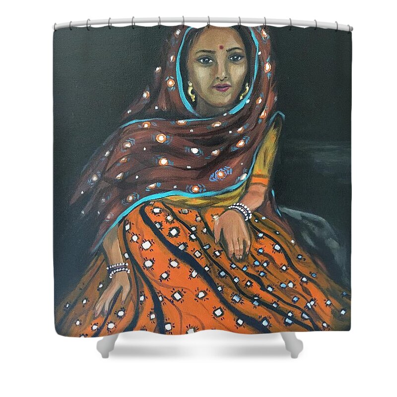 Mirror Work Shower Curtain featuring the painting Mirror Work skirt by Brindha Naveen