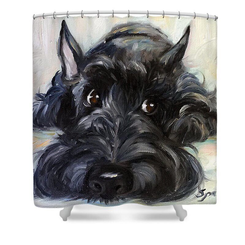 Scottie Shower Curtain featuring the painting Mischief by Mary Sparrow