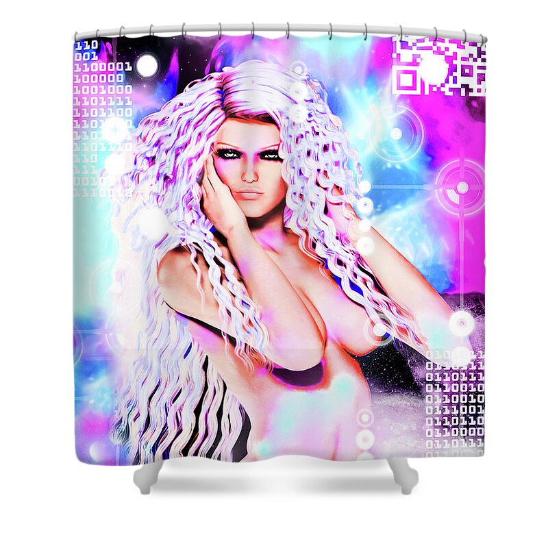 Pin-up Shower Curtain featuring the mixed media Miss Inter-Dimensional 2089 by Alicia Hollinger