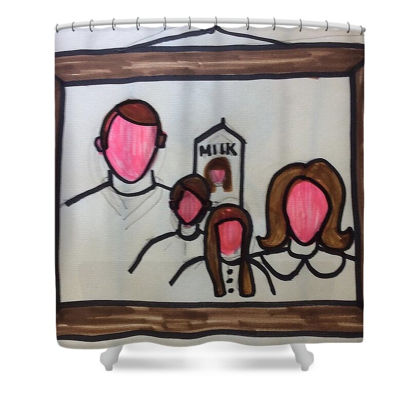 Family Missing Child Portrait Milk Carton Trafficking Runaway Exploited Shower Curtain featuring the drawing Missing One by Erika Jean Chamberlin
