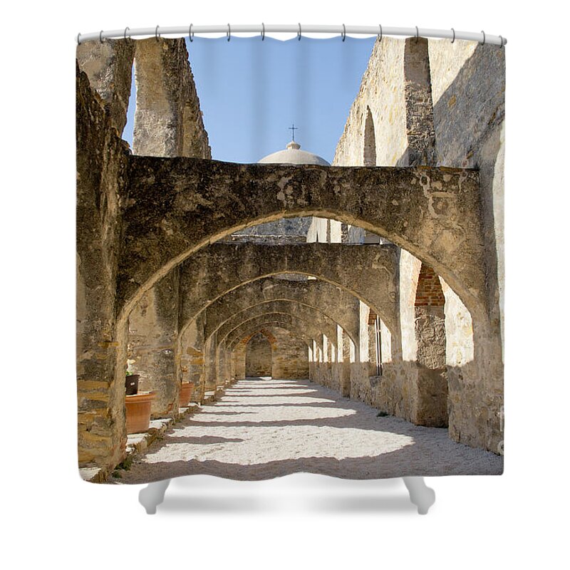 Arched Path Shower Curtain featuring the photograph Mission San Jose y San Miguel de Aguayo. Path. by Elena Perelman