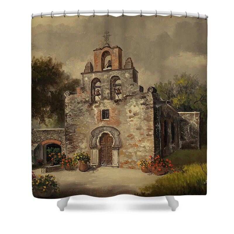 Mission Shower Curtain featuring the painting Mission Espada by Kyle Wood