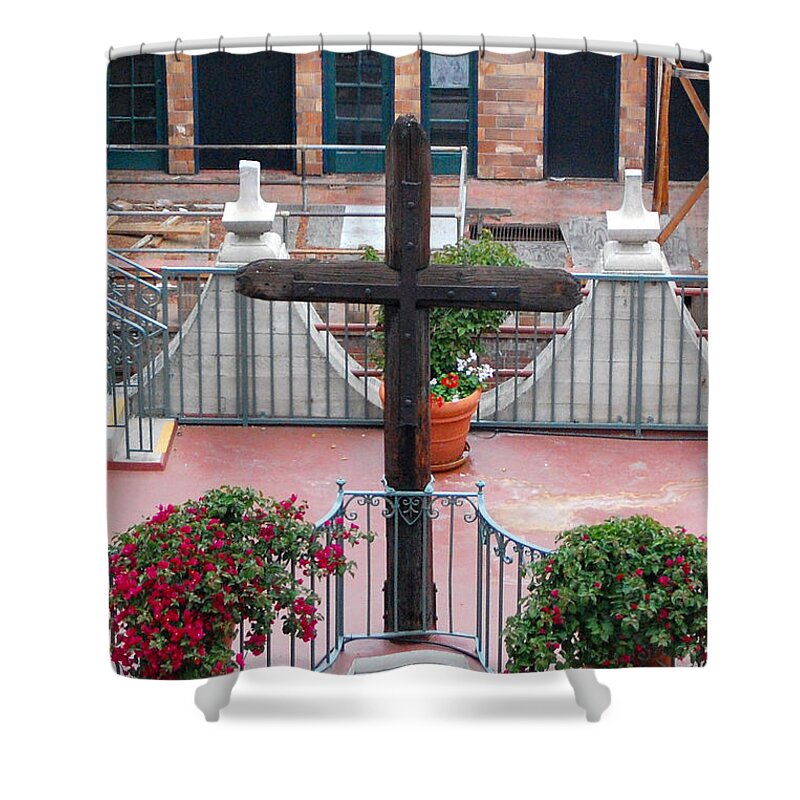 Mission Inn Shower Curtain featuring the photograph Mission Inn Cross by Amy Fose