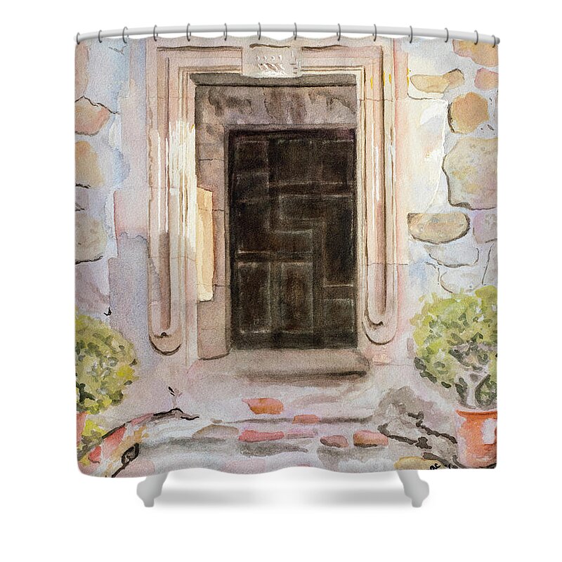 Watercolor Shower Curtain featuring the painting Mission San Juan Capistrano by Jackie MacNair