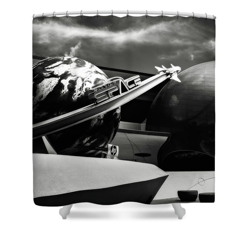 Disney World Shower Curtain featuring the photograph Mission Space black and white by Eduard Moldoveanu