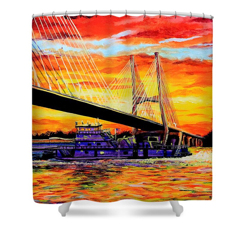 Bridge Shower Curtain featuring the painting Mississippi River Bridge Greenville MS by Karl Wagner