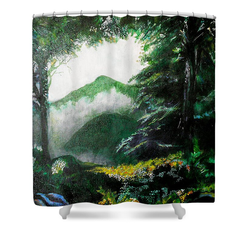 Mist On The Mountain Shower Curtain featuring the painting Mist on the Mountain by Seth Weaver