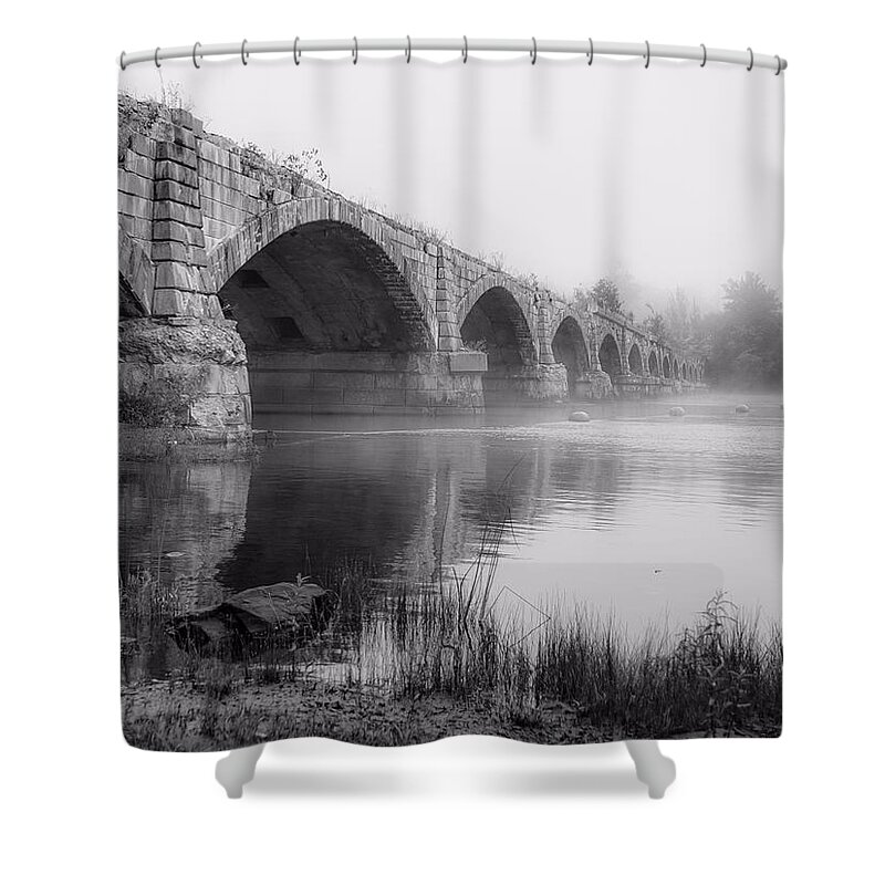 Fenimore Shower Curtain featuring the photograph Misty Bridge by Kendall McKernon