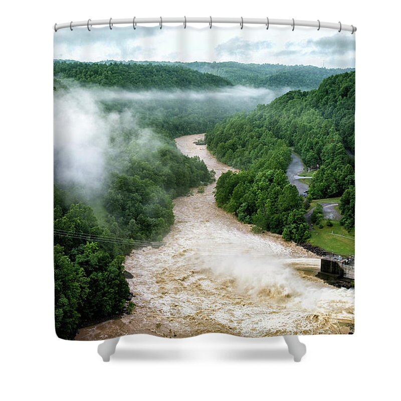 Summersville Shower Curtain featuring the photograph Misty Morning At Summersville Lake Dam by Mark Allen