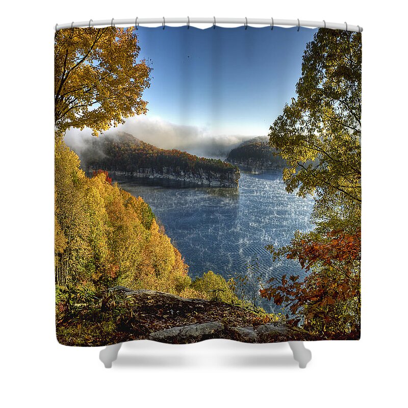 Long Point Cliff Water #1 Shower Curtain featuring the photograph Misty Morning by Mark Allen