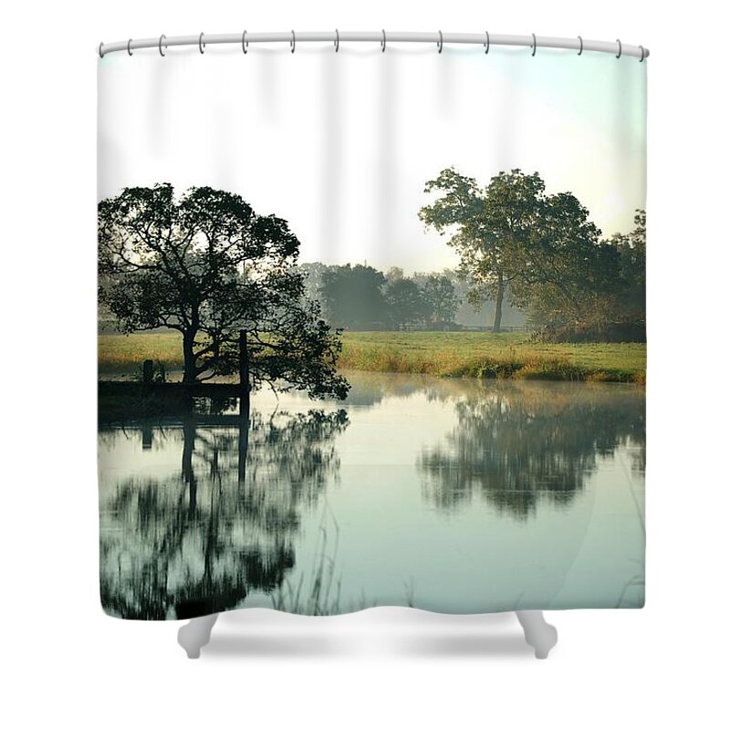 Alabama Photographer Shower Curtain featuring the digital art Misty Morning Pond by Michael Thomas