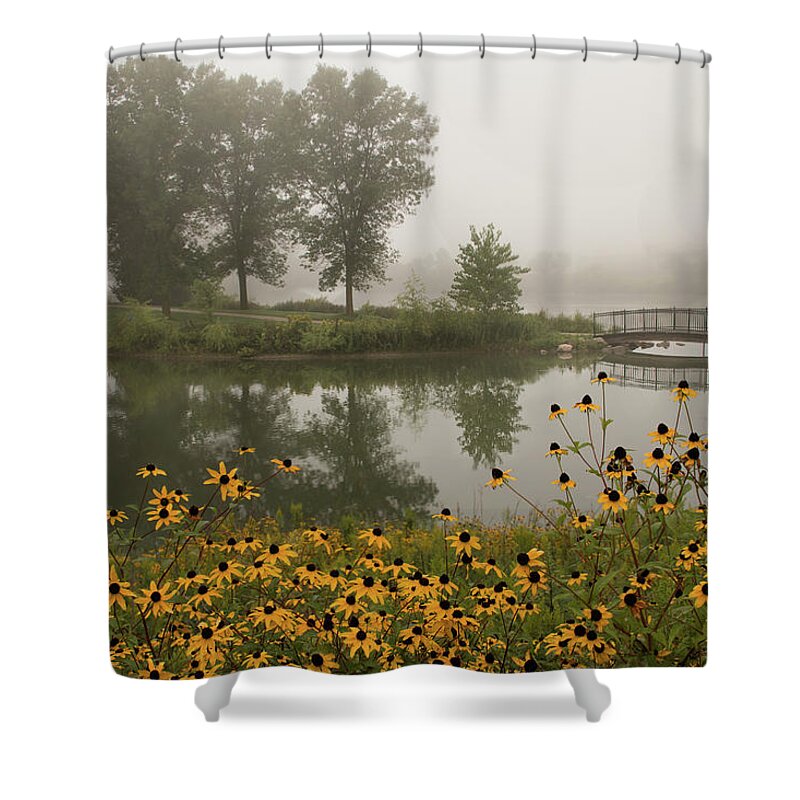 Fog Shower Curtain featuring the photograph Misty Pond Bridge Reflection #3 by Patti Deters