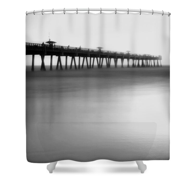 Florida Shower Curtain featuring the photograph Misty Seas at Jacksonville Beach Pier - Florida - Seascape - Black and White by Jason Politte