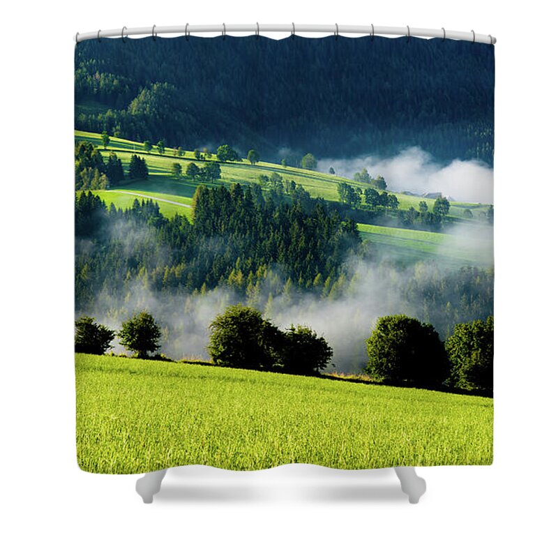 Austria Shower Curtain featuring the photograph Misty valley in Austria by Andreas Berthold