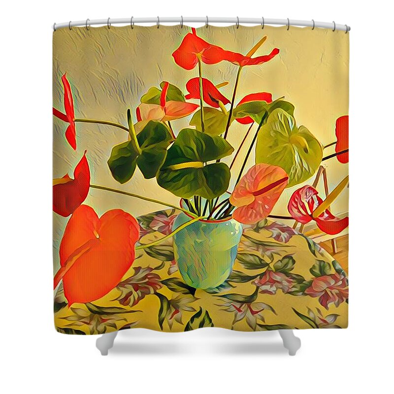 #flowersofaliha #anthuriums Shower Curtain featuring the photograph Mixed Aloha Anthuriums Matisse by Joalene Young