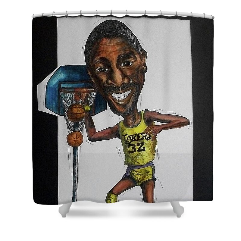 Magic Johnson Shower Curtain featuring the mixed media MJ Caricature by Michelle Gilmore
