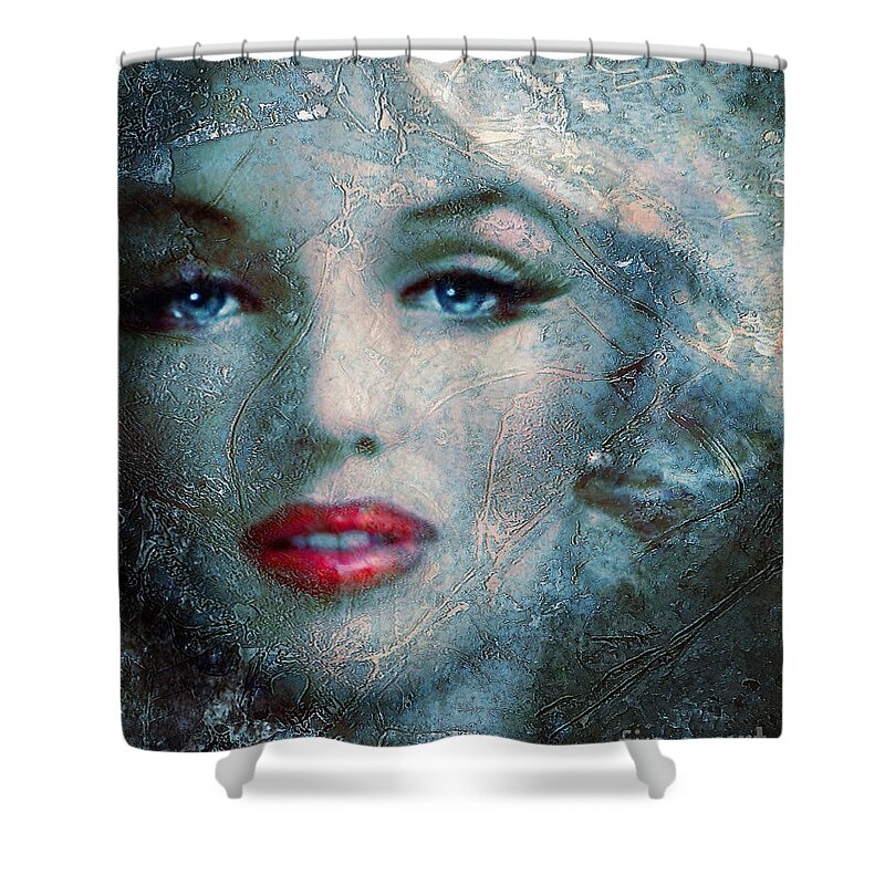 Marilyn Monroe Shower Curtain featuring the painting MM frozen blue by Angie Braun