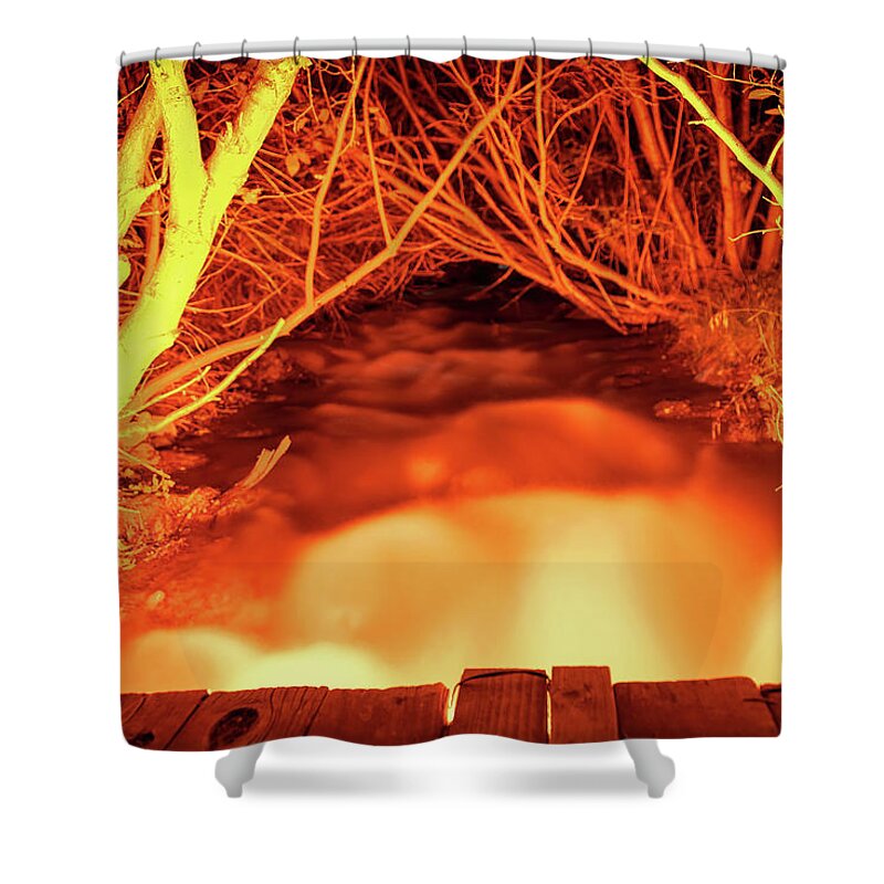 Reno Shower Curtain featuring the photograph Mo Fiyah, Looking up from a small bridge over an Illuminated Creek during Summer in South Reno, NV by Brian Ball