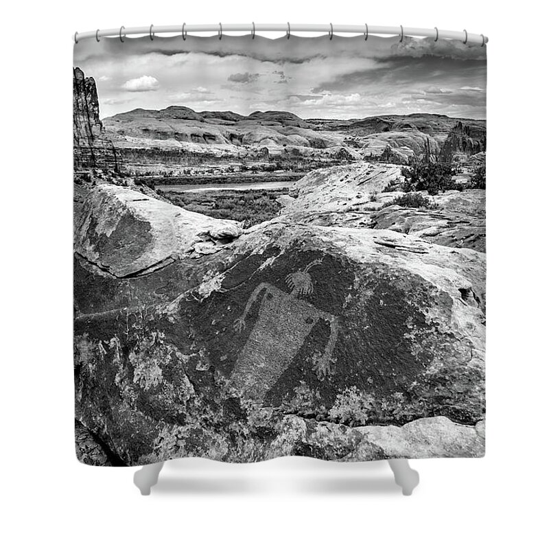 Moab Shower Curtain featuring the photograph Moab Maiden Petroglyph - Black and White - Utah by Gary Whitton