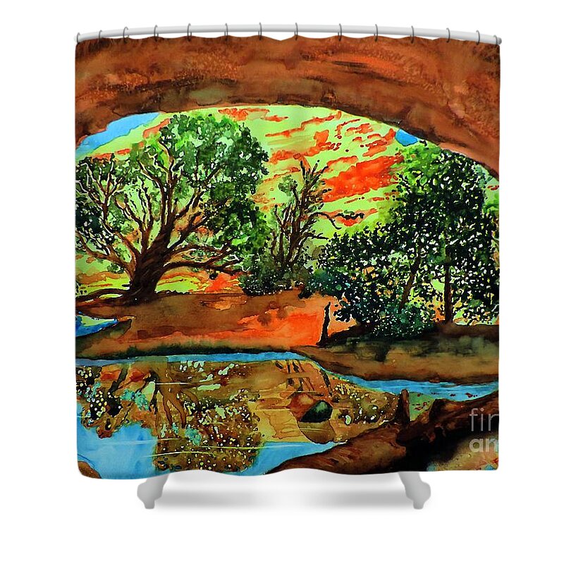 Moab Shower Curtain featuring the painting Moab Mirror by Tom Riggs