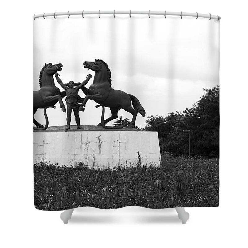 Lisbon Shower Curtain featuring the photograph Model and the Monument by Lorraine Devon Wilke