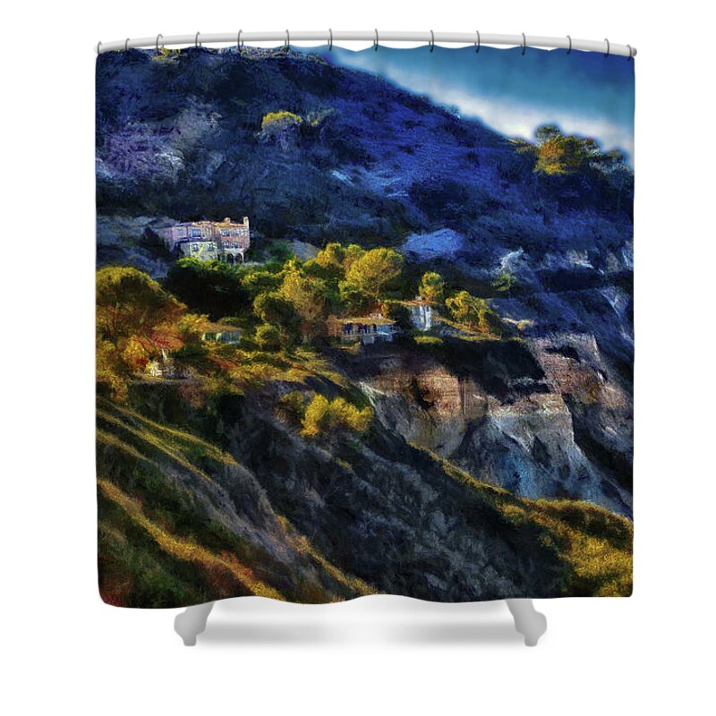Hillside Living Shower Curtain featuring the mixed media Modern Cliff Dwellers by Joseph Hollingsworth