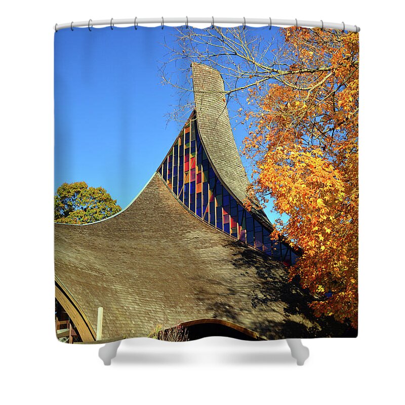 Rowayton Shower Curtain featuring the photograph Modern New England Church in Fall by James Kirkikis