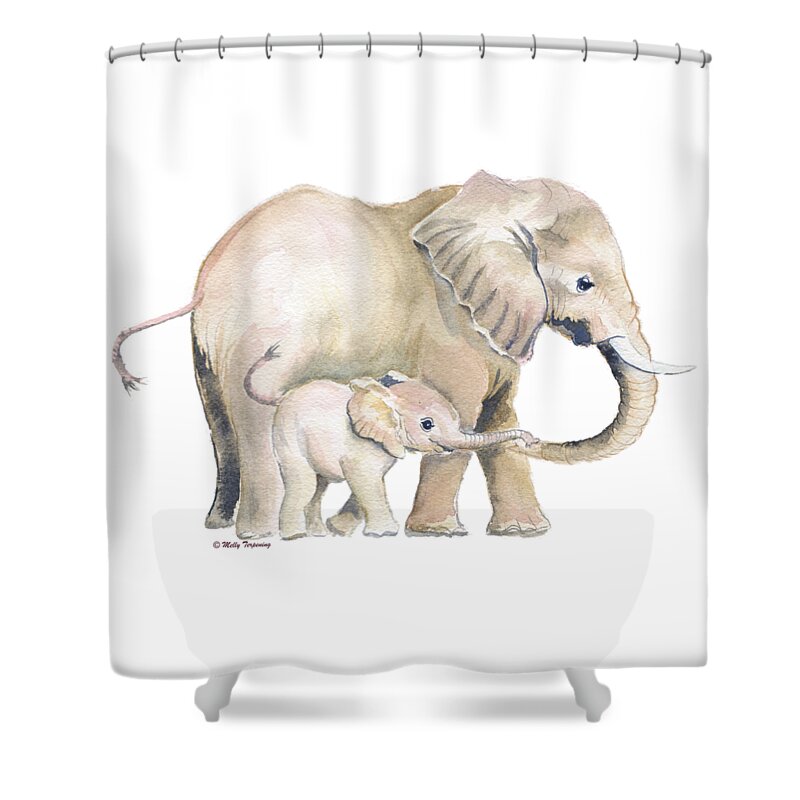 Mom And Baby Elephant Shower Curtain featuring the painting Mom and Baby Elephant 2 by Melly Terpening