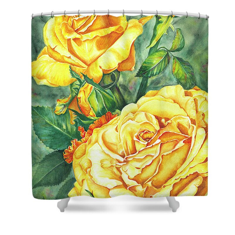 Yellow Rose Watercolor Shower Curtain featuring the painting Mom's Golden Glory by Lori Taylor