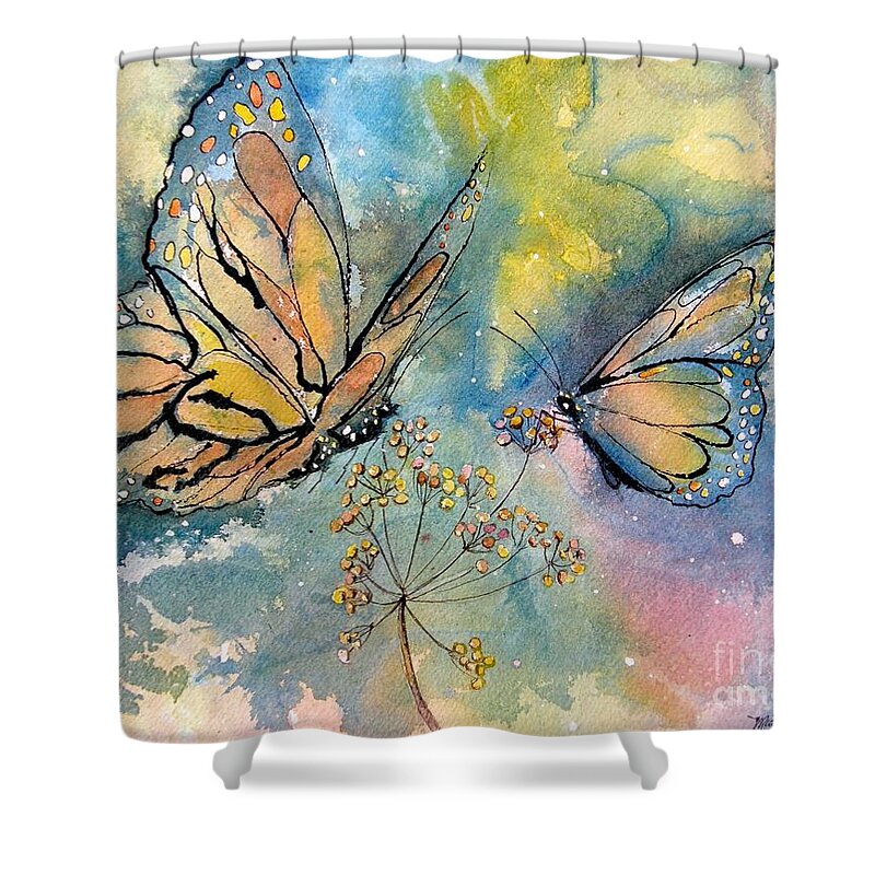 Monarch Butterflies Shower Curtain featuring the painting Monarch Butterflies by Midge Pippel