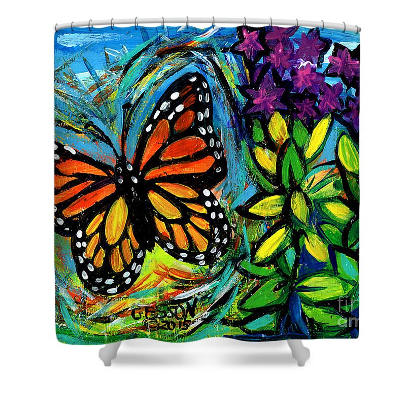 Monarch Shower Curtain featuring the painting Monarch With Milkweed by Genevieve Esson