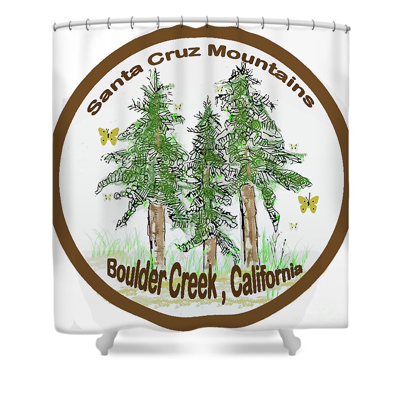 Monarch Butterflies Redwood Trees Santa Cruz Mountains Boulder Creek California Trees Shower Curtain featuring the mixed media Monarchs and Redwoods by Ruth Dailey
