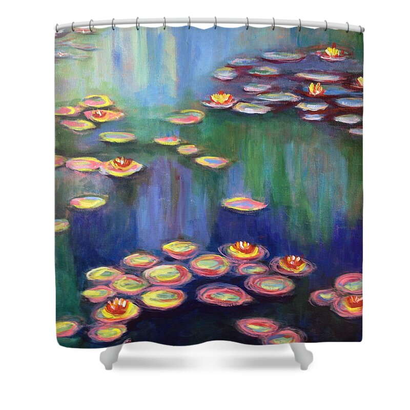 Monet Shower Curtain featuring the painting Monet's lily pads by Theresa Cangelosi