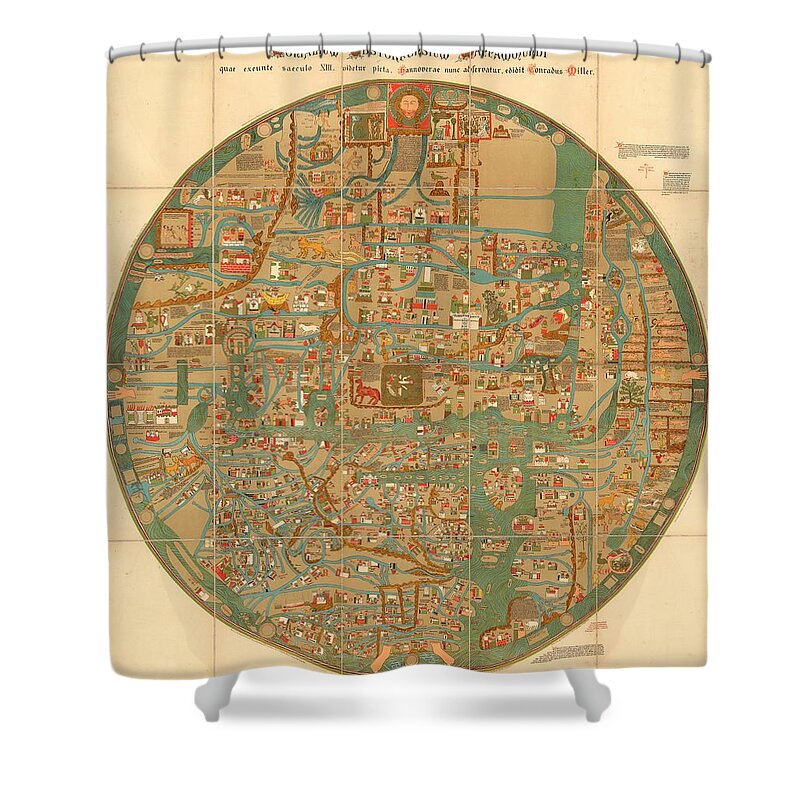 Ebstorf Map Shower Curtain featuring the drawing Monialium Ebstorfensium Mappammundi - Ebstorf Map - Pictorial Map -Map of the World - Antique Map by Studio Grafiikka