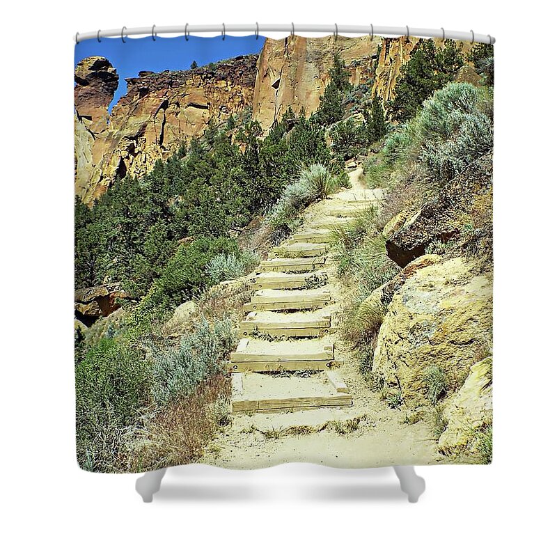 United States Shower Curtain featuring the digital art Monkey Face Rock - Smith Rock National Park, Oregon by Joseph Hendrix