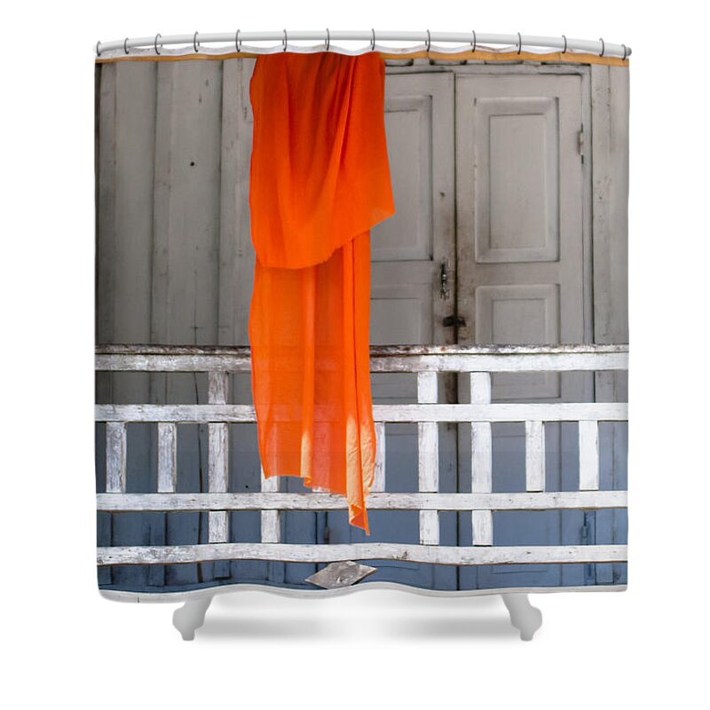Alms Shower Curtain featuring the photograph Monk's robe hanging out to dry, Luang Prabang, Laos by Neil Alexander Photography
