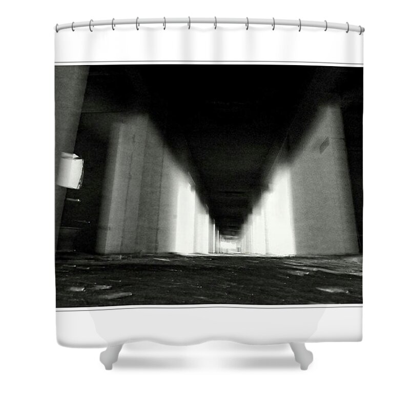 Shadows Shower Curtain featuring the photograph #monochrome #fuji #finepixs1 by Mandy Tabatt