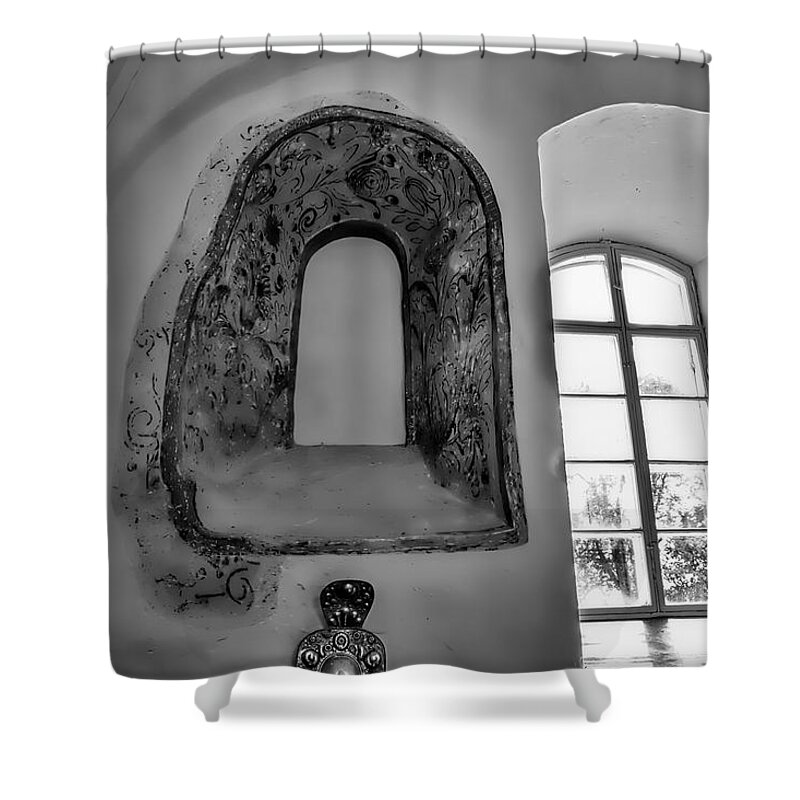 Black And White Shower Curtain featuring the photograph monochrome Old window in Teda church. by Leif Sohlman