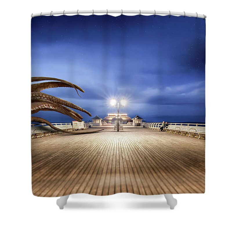 Cromer Shower Curtain featuring the photograph Cromer pier Norfolk monster attack by Simon Bratt