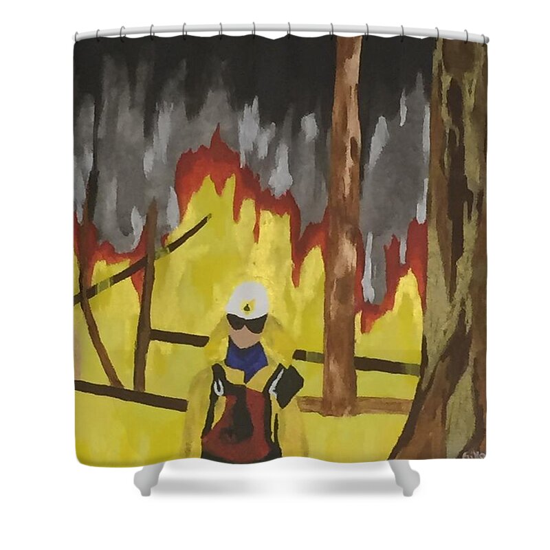 Fire. Wild Land Firefighter. Trees Forest Shower Curtain featuring the painting Montana 1994 by Erika Jean Chamberlin