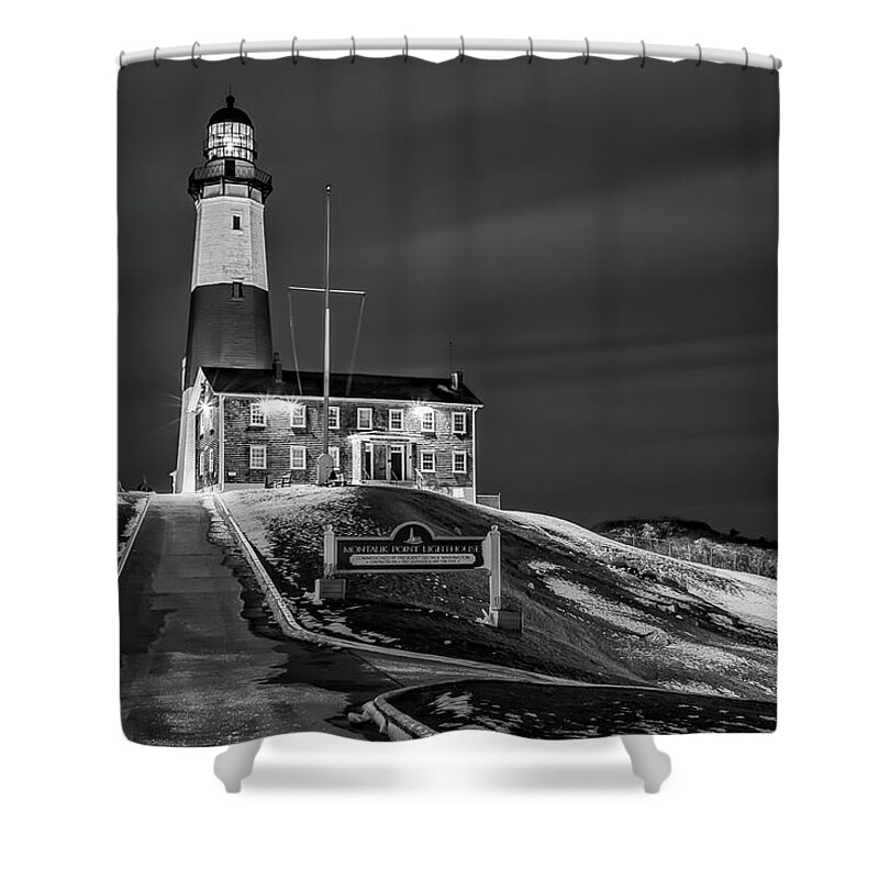 Montauck Point Lighthouse Shower Curtain featuring the photograph Montauk Point Lighthouse BW by Susan Candelario