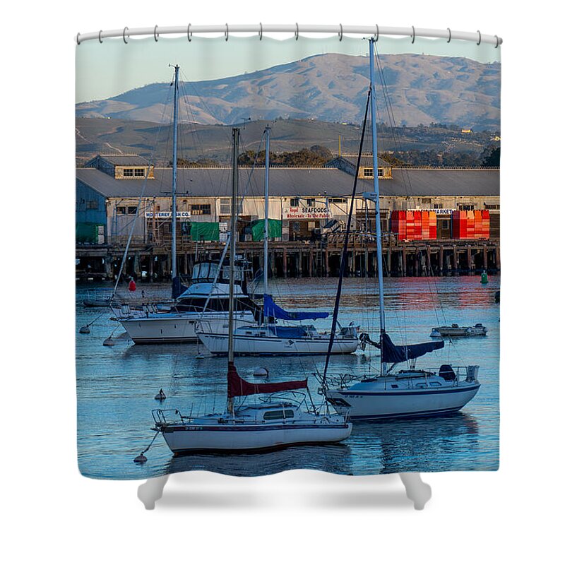 Monterey Shower Curtain featuring the photograph Monterey Wharf at Sunset by Derek Dean