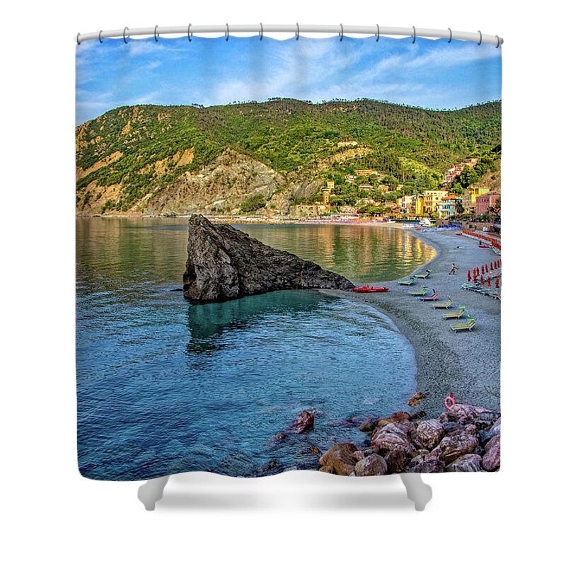 Monterosso Beach And Harbor Shower Curtain featuring the photograph Monterosso Beach and Harbor by Carolyn Derstine