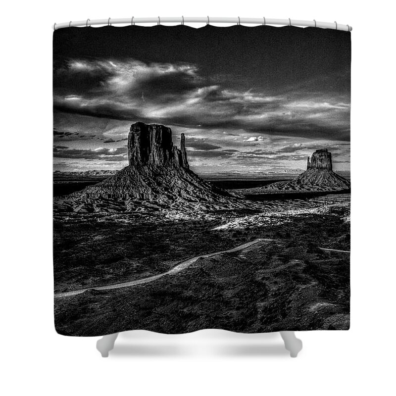 Arizona Shower Curtain featuring the photograph Monument Valley Views BW by Roger Passman