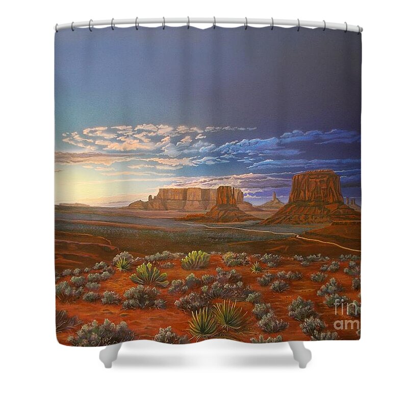 Monument Valley Landscape Painting Shower Curtain featuring the painting Monumental Solitude by Jerry Bokowski