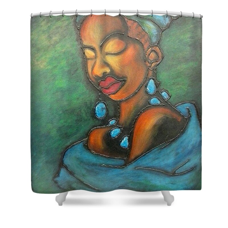 African-american Women In Blue.head Wrap.glue Pictures.mixed Media Paintings Shower Curtain featuring the painting Topaz by Jenny Pickens
