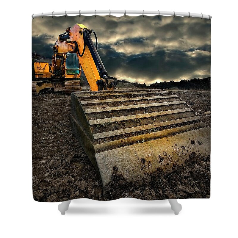Activity Shower Curtain featuring the photograph Moody Excavator by Meirion Matthias