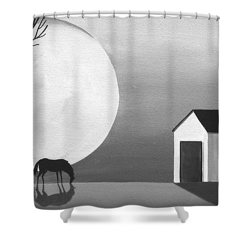 Art Shower Curtain featuring the painting Moon Grazing - folk art black white by Debbie Criswell